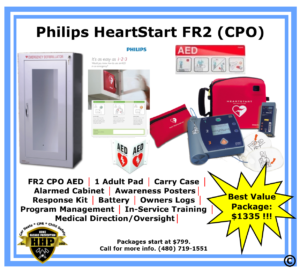 The Philips FR2 CPO AED is a great option for non-profits and groups that may have limited funds. All packages include 1-year warranty.